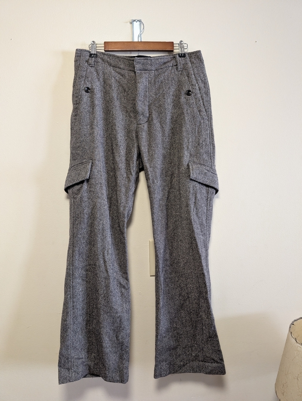 Vintage Wool Blend Cargo Trousers Gray Herringbone Flare 32